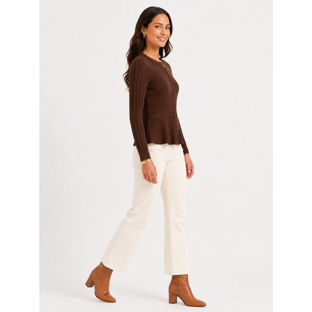 Talbots Mixed Cable Moto Sweater Knit Jacket Brown Womens Size Large Petite New - Picture 2 of 10